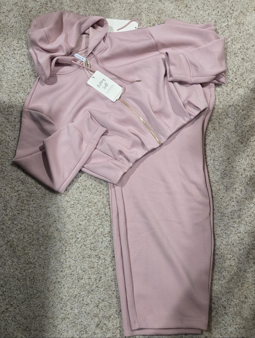 Love Tree Dusty Pink Hooded Track Jumpsuit with Gold Zip